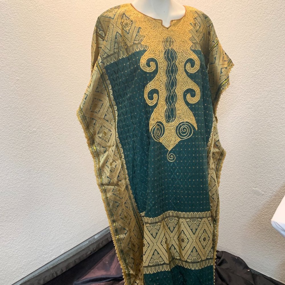ONS Dashiki caftan dress one size unworn with damage from storage gold green